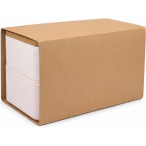 A eco-friendly lunch box in muted pink, packaged in a brown cardboard box. It includes a phone holder lid.