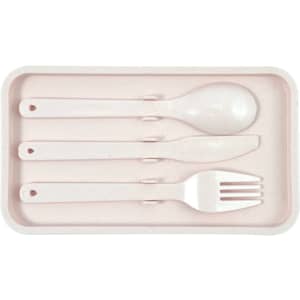 A set of four eco-friendly utensils in a pale pink tray, including a spoon, knife, fork, and a spork.