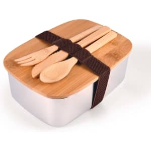 A bamboo and stainless steel lunch box with a brown strap, featuring wooden utensils on top.