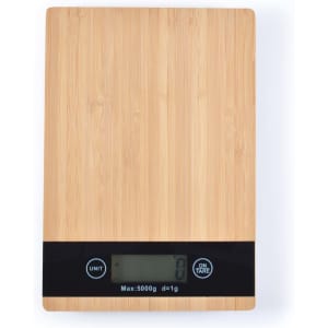 A bamboo kitchen scale with a digital display, featuring a sleek black control panel and a logo.