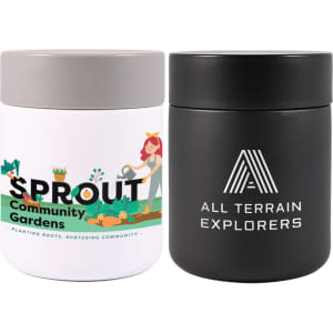 Two food containers: one white with a floral design and grey lid, and one sleek black with a logo.