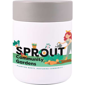 A white food container with a gray lid, featuring a colorful design and a logo.