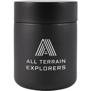A food container featuring a sleek black design with a lid, adorned with the logo "ALL TERRAIN EXPLORERS."