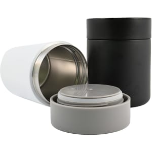 A set of food containers in white, black, and gray, featuring stainless steel interiors and lids.