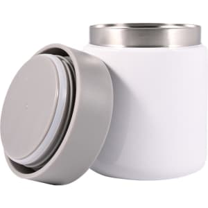 A food container with a stainless steel lid and a smooth white exterior, partially open to reveal the interior.