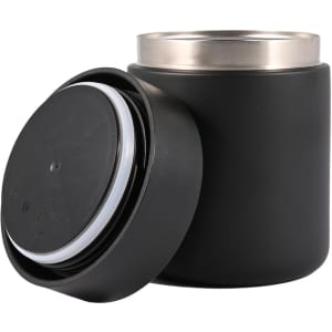 A black food container with a removable lid, featuring a stainless steel inner lining for insulation.