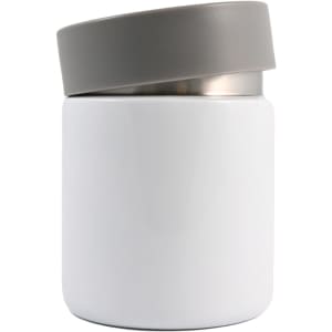 A food container with a sleek white body and a gray lid, designed for keeping food fresh.