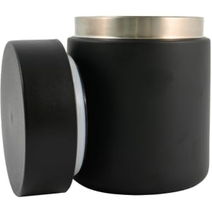 A black food container with a silver lid and a separate black base. It has a sleek, modern design.