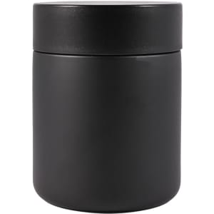 A sleek black food container with a smooth, matte finish and a matching lid.