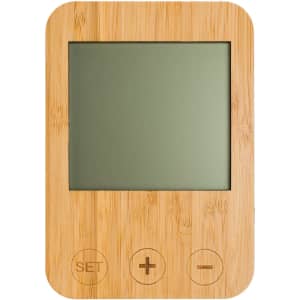A bamboo-framed weather station with a green display and three buttons below the screen.