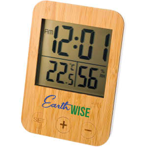 A digital weather station featuring a bamboo frame, displaying the current time, temperature, and humidity levels.