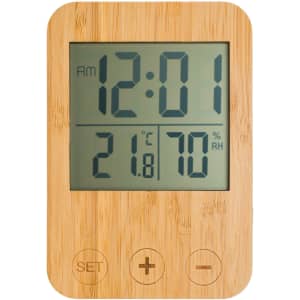 A digital weather station with a bamboo frame displaying the time, temperature in Celsius, and humidity percentage.