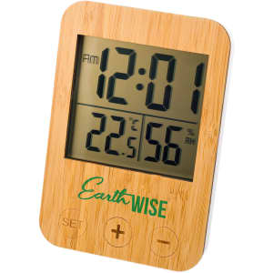 A digital weather station with a bamboo frame displaying time, temperature, and humidity readings, featuring a logo.