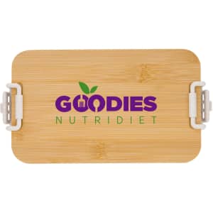 A bamboo lunch box with a dual-compartment design and a logo on the top. It features white clips for fastening.