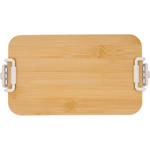 A bamboo cutting board with white clasps on the sides, featuring a smooth, natural finish.