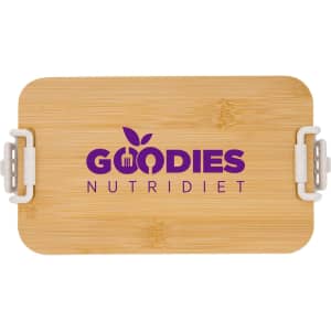 A bamboo lunch box with dual compartments, featuring a logo on the top and white clasps on the sides.