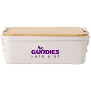 A lunch box in white with a bamboo lid and a logo. Features a dual-compartment design.