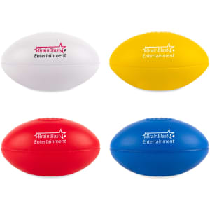 A set of four football stress relievers in white, yellow, red, and blue, featuring a logo.