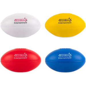A set of four football stress relievers in white, yellow, red, and blue, featuring a logo on each.