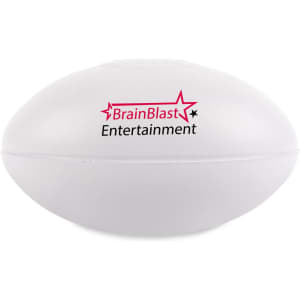 A football-shaped stress reliever with a smooth surface and a logo printed on one side.