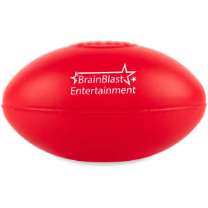 A red football-shaped stress reliever with the branding "BrainBlast Entertainment."