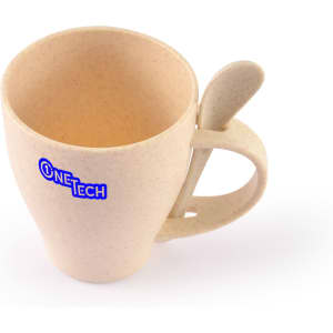 A drinkware cup in beige with a spoon attached, featuring a logo on its side.