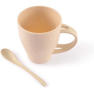 A wheat fibre cup in light beige with a matching spoon, featuring a handle and a simple design.