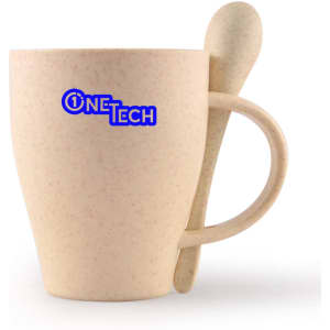 A beige wheat fibre cup with a matching spoon, featuring a logo on the front.