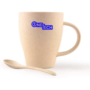 A wheat fibre cup in a light beige color with a matching spoon. The cup has a logo on it.