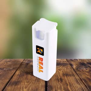 A white container with a removable lid and a logo, designed for holding screen cleaning spray.