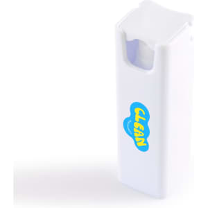 A white spray bottle with a blue and yellow logo, designed for cleaning screens.
