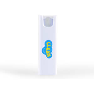 A white spray bottle with a colourful logo, designed for cleaning screens and compatible with phone and technology surfaces.