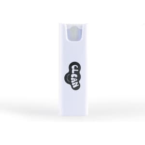 A white spray bottle for screen cleaning with a logo design. Ideal for maintaining phone and technology surfaces.
