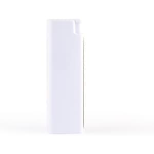 A white rectangular spray bottle for cleaning screens, featuring a sleek design and an attached cleaning cloth.