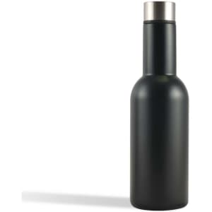 A drink bottle in matte black with a stainless steel cap, featuring a simple design and a logo.