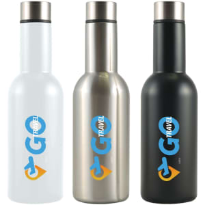 A drink bottle set featuring three vacuum bottles in white, stainless steel, and black, each with a logo.