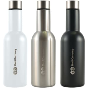 A drink bottle set featuring three vacuum flasks in white, stainless steel, and black, each with a logo.