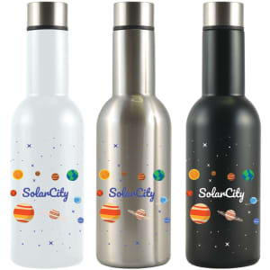 A drink bottle set featuring three flasks: a white one, a stainless steel one, and a black one, each with a logo and colorful designs.