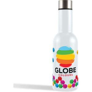 A drink bottle in white featuring a colorful logo and decorative elements at the base. The lid is metallic.