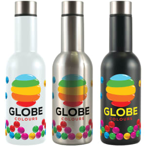 A drink bottle set featuring three vacuum bottles in white, stainless steel, and black, each with a colorful logo design.