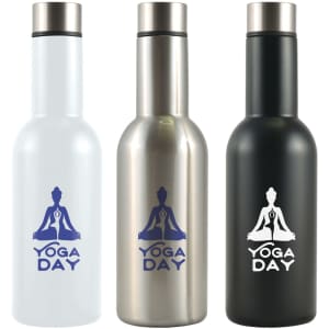 A drink bottle set featuring three styles: white, stainless steel, and black, each with a branding logo.