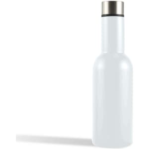 A drink bottle in a light blue color with a stainless steel lid and a sleek design, featuring a logo.