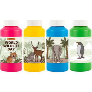 A drink bottle set featuring four vibrant colours: pink, yellow, blue, and green, each adorned with animal illustrations and a logo.
