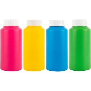 A drink bottle set featuring four vibrant colors: pink, yellow, blue, and green, each with a white screw-on cap.