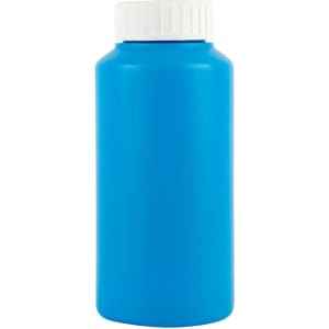 A drink bottle in bright blue with a white screw cap and a smooth exterior. It has a logo on the surface.