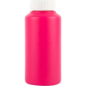 A drink bottle in bright pink with a white screw-on lid. It has a smooth surface and a branding logo.