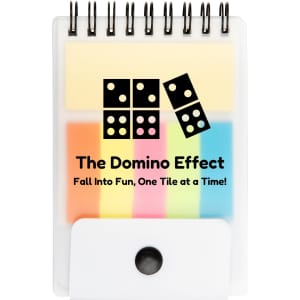 A notepad with a spiral binding, featuring multicoloured sticky notes and a logo on the front.