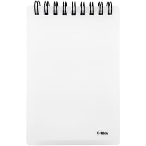 A white notepad with a spiral binding and a black base, featuring a plain cover.