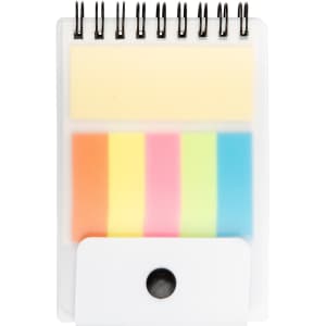 A spiral-bound notepad with sticky notes in yellow, orange, pink, green, and blue, featuring a front cover with a button.