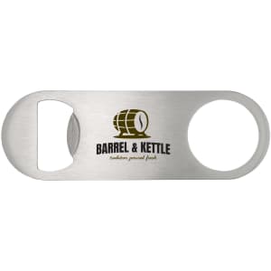 A stainless steel bottle opener with a rounded end and a circular cutout, featuring a logo.